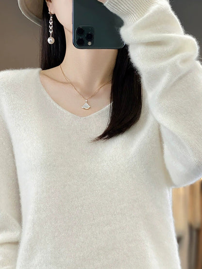 Wool V-Neck Casual Sweater Color Women Autumn Pure