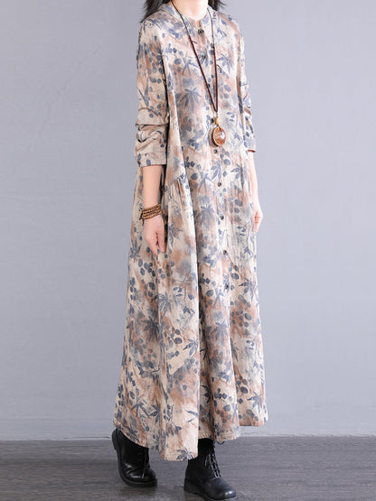 Dress 100%Cotton Women Autumn Print Collar Stand Retro