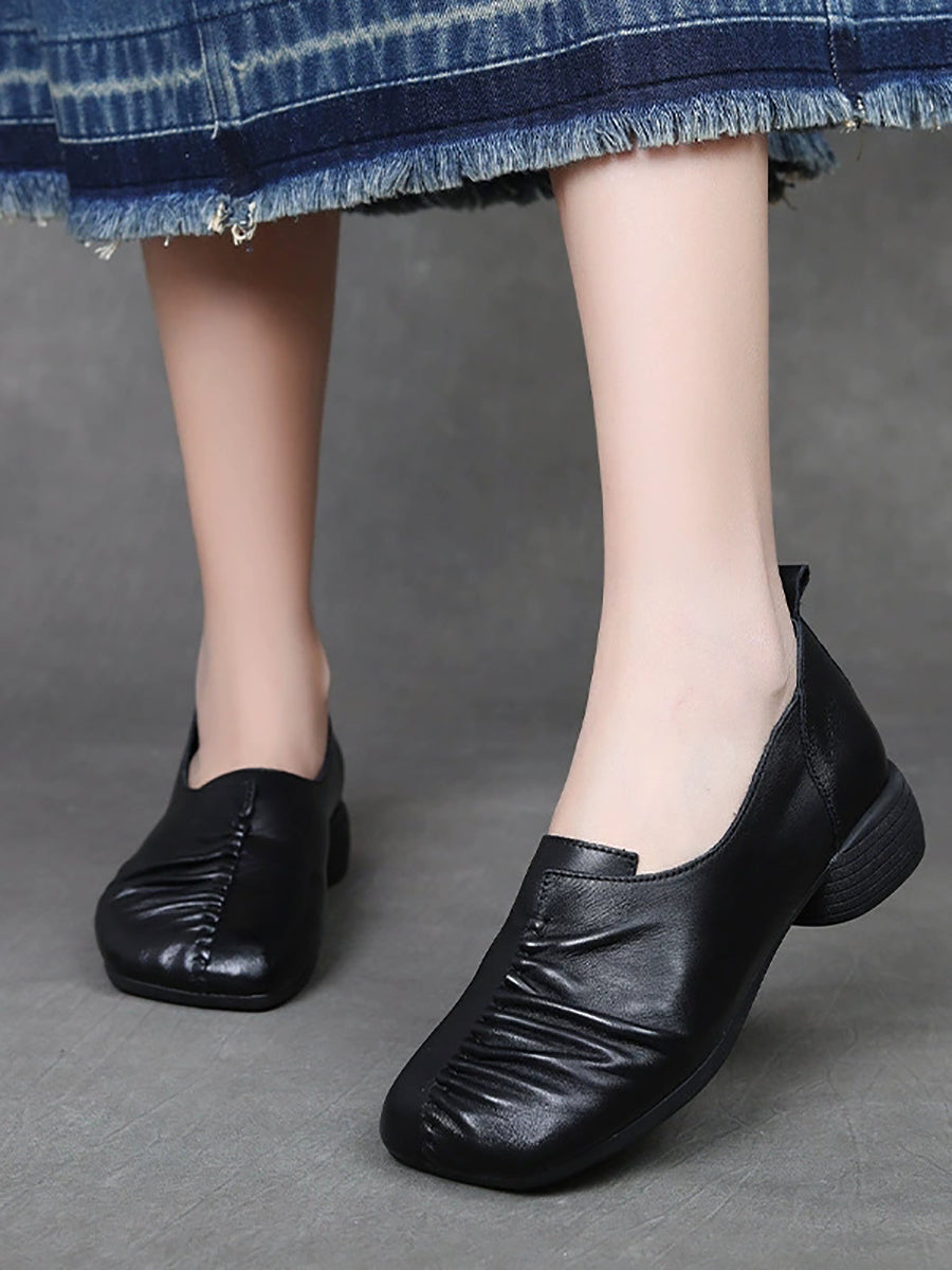 Heel Mid Genuine Leather Spliced Shoes Women Vintage