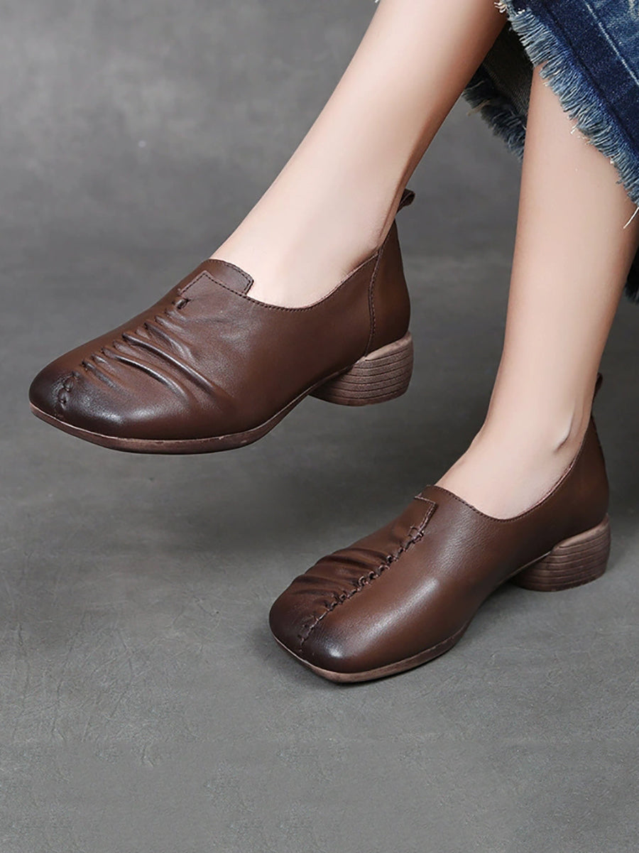 Heel Mid Genuine Leather Spliced Shoes Women Vintage