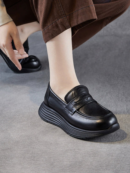 Platform Leather Shoes Women Genuine Vintage
