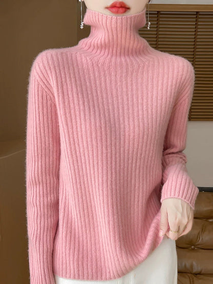 Women Autumn Turtleneck Pure Knitted Color Sweater Casual