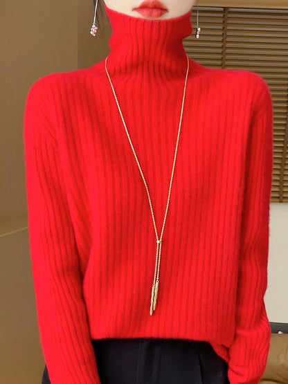 Women Autumn Turtleneck Pure Knitted Color Sweater Casual