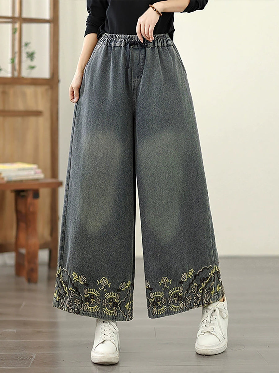 Embroidery Women Retro Autumn Denim Wide-leg Pants