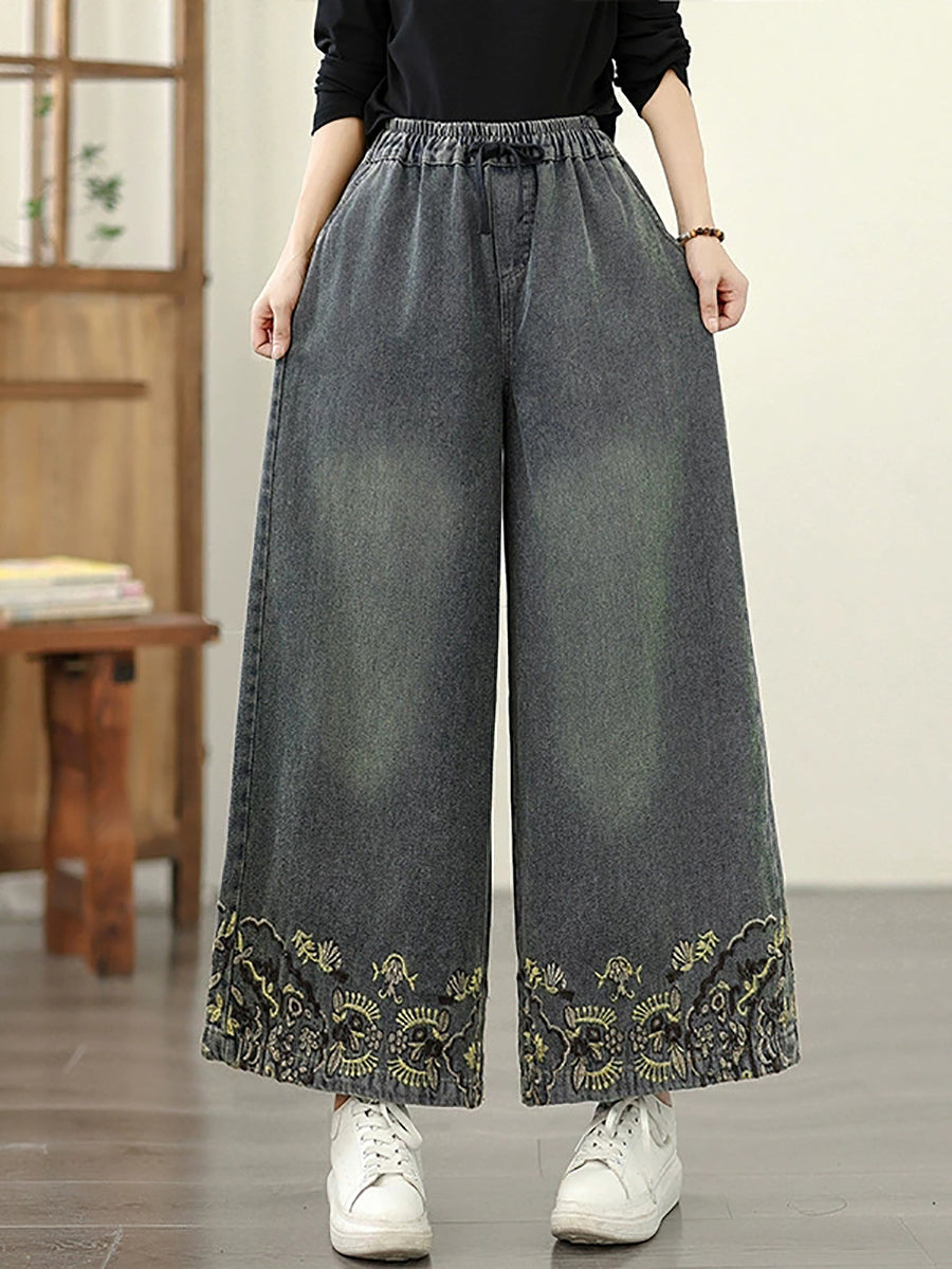 Embroidery Women Retro Autumn Denim Wide-leg Pants