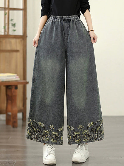 Embroidery Women Retro Autumn Denim Wide-leg Pants