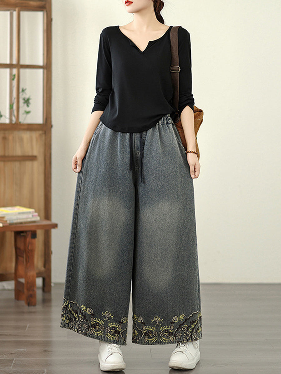 Embroidery Women Retro Autumn Denim Wide-leg Pants