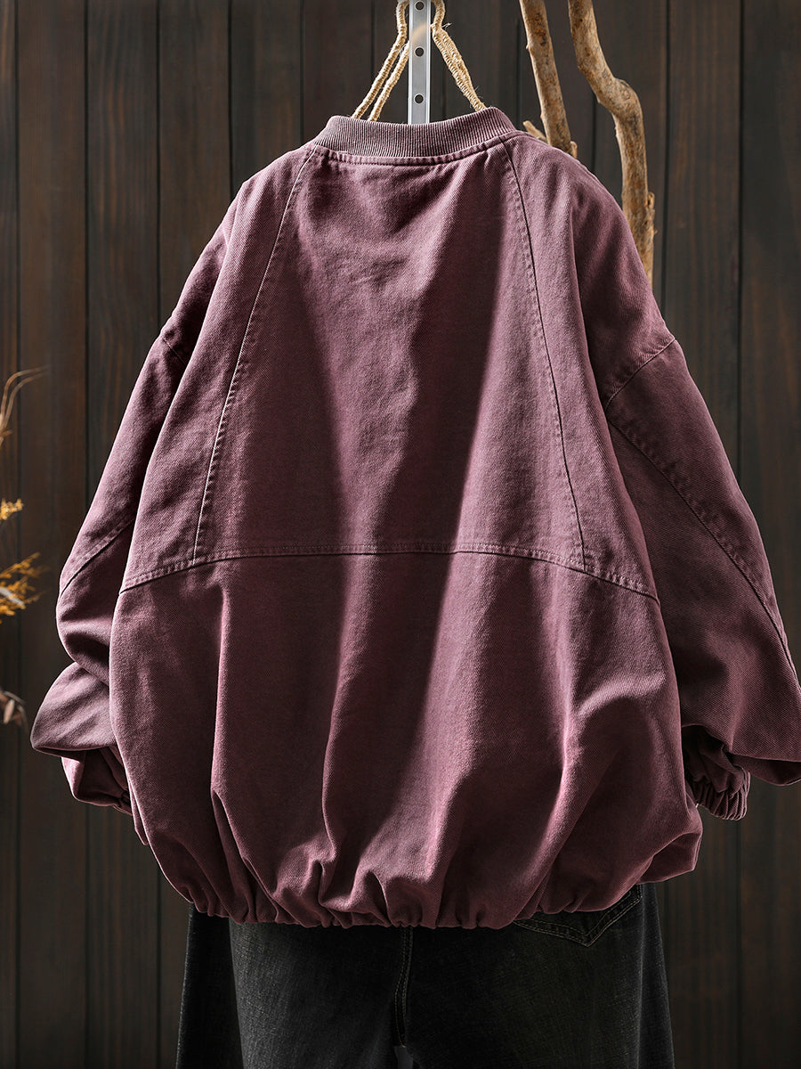 Pure Color Jacket O-Neck 100%Cotton Women Autumn