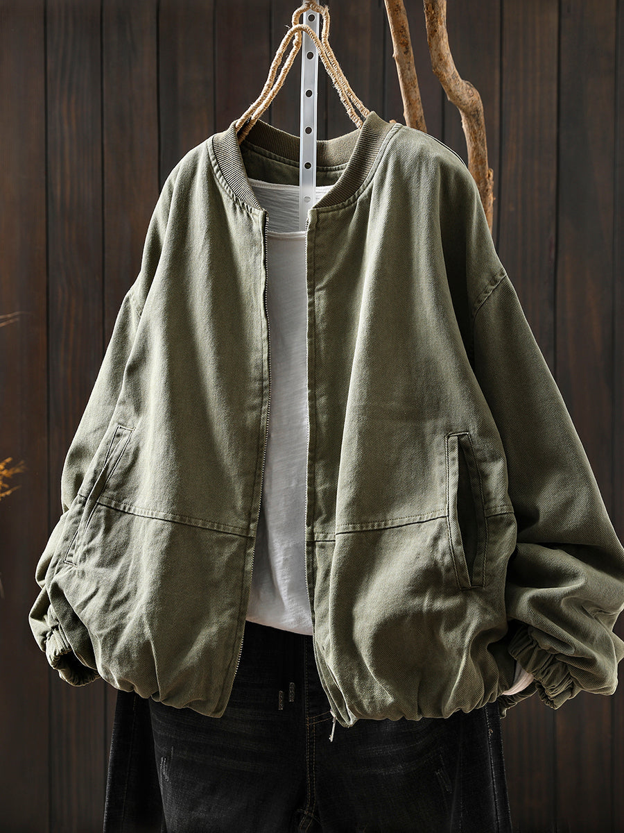 Pure Color Jacket O-Neck 100%Cotton Women Autumn