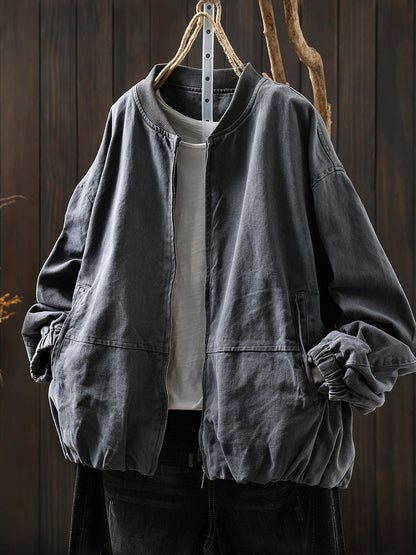 Pure Color Jacket O-Neck 100%Cotton Women Autumn