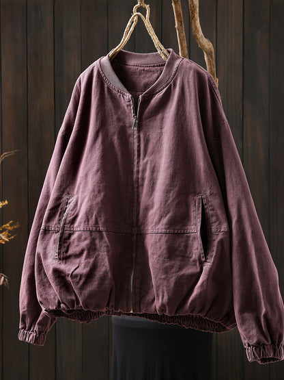 Pure Color Jacket O-Neck 100%Cotton Women Autumn