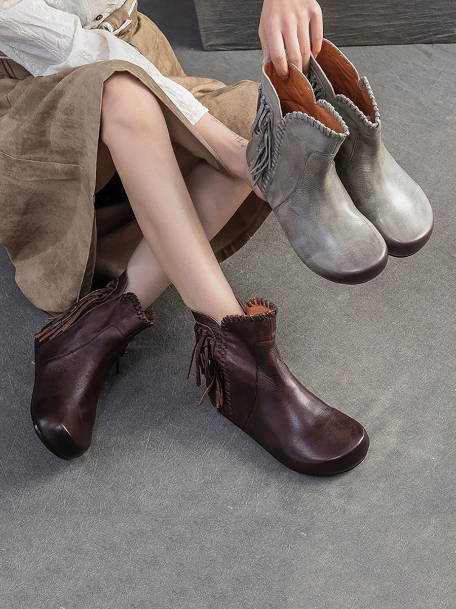 Autumn Leather Tassel Ankle Boots Women Vintage