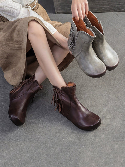 Autumn Leather Tassel Ankle Boots Women Vintage