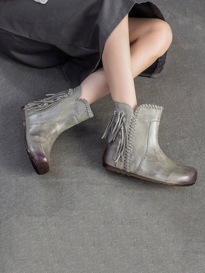 Autumn Leather Tassel Ankle Boots Women Vintage