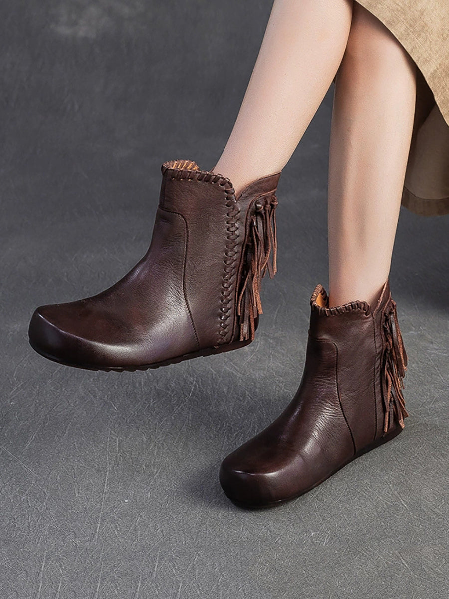 Autumn Leather Tassel Ankle Boots Women Vintage