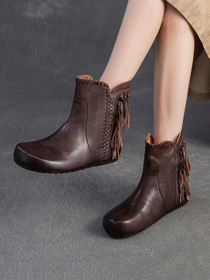 Autumn Leather Tassel Ankle Boots Women Vintage