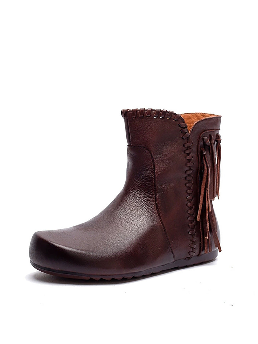 Autumn Leather Tassel Ankle Boots Women Vintage