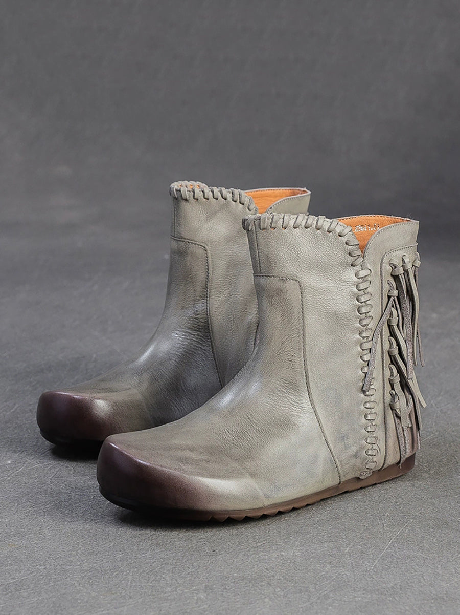 Autumn Leather Tassel Ankle Boots Women Vintage