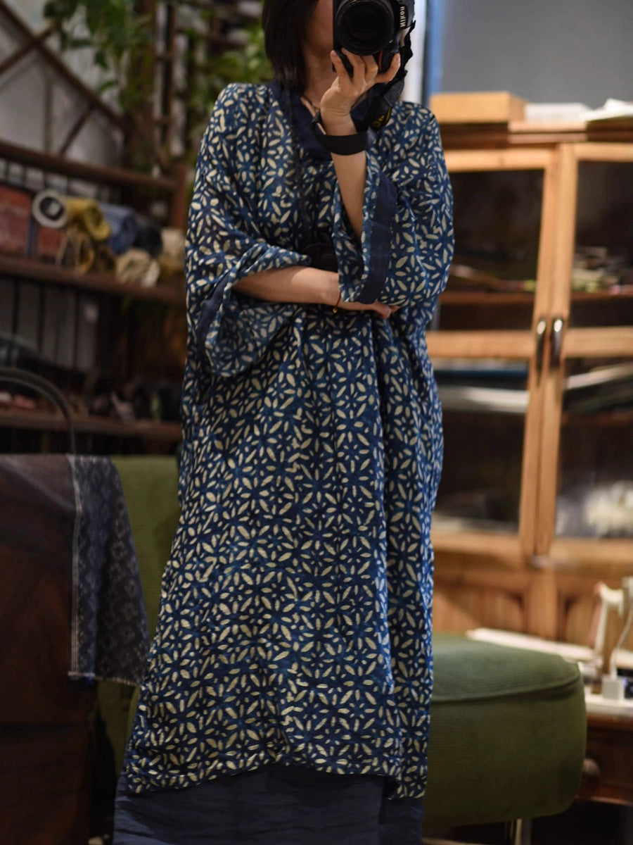 Spliced Flower Women Ramie Autumn Retro V-Neck Dress