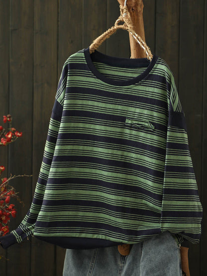 Women O-Neck Stripe Autumn Blouse Casual