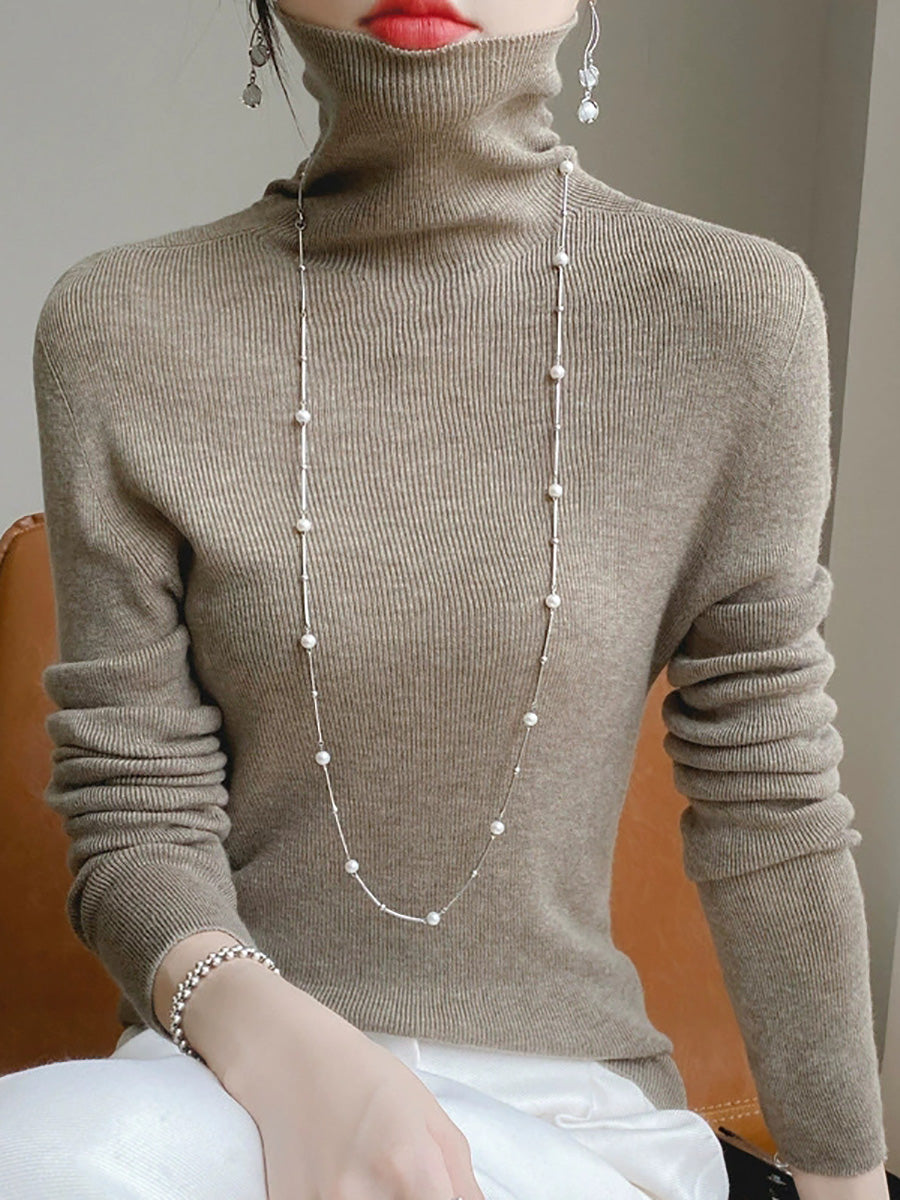 Color Pure Women Casual Sweater Turtleneck Knitted Autumn