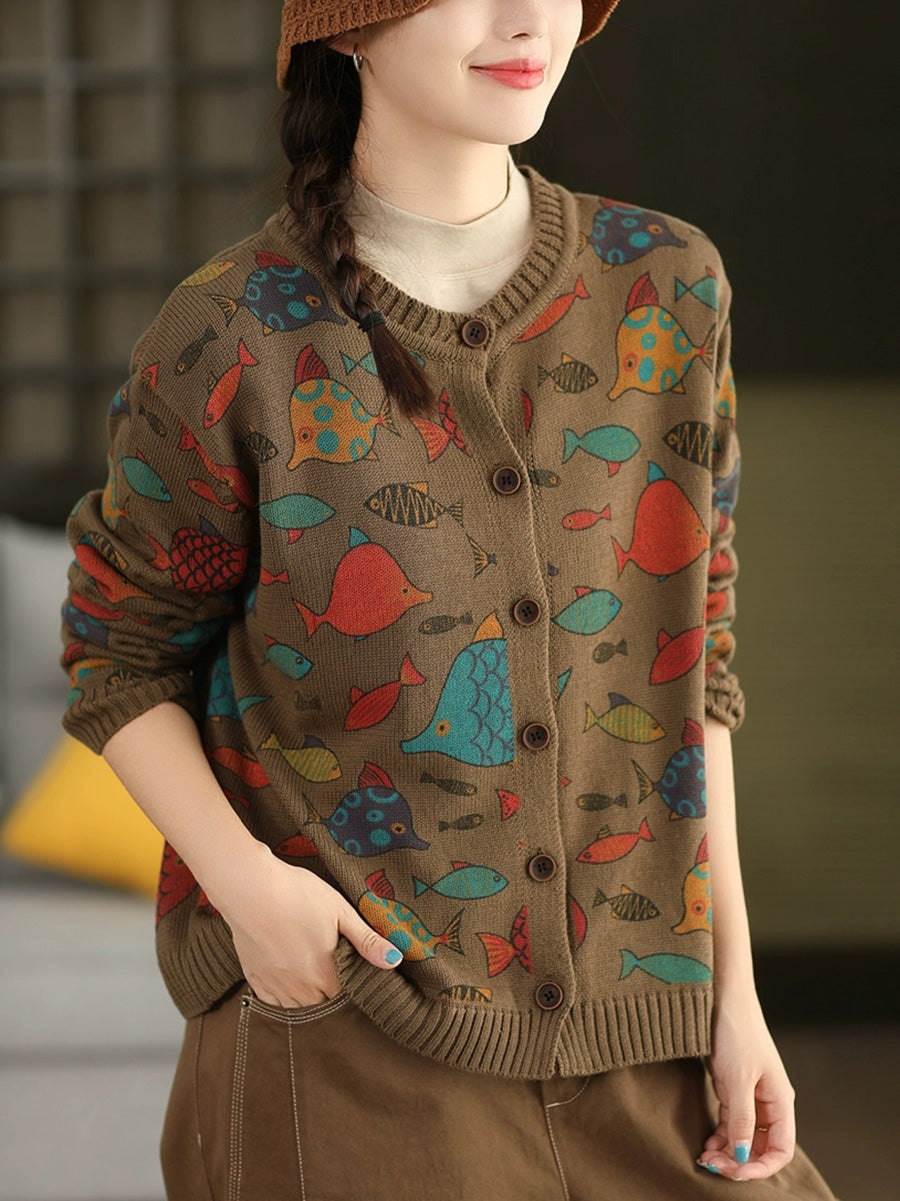 Fish Artsy Autumn O-Neck Sweater Cartoon Women