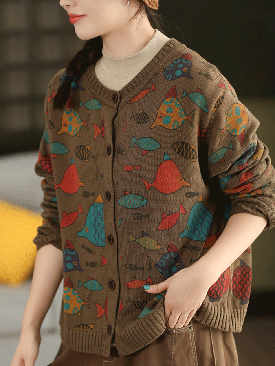 Fish Artsy Autumn O-Neck Sweater Cartoon Women