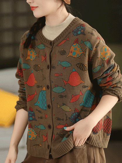 Fish Artsy Autumn O-Neck Sweater Cartoon Women