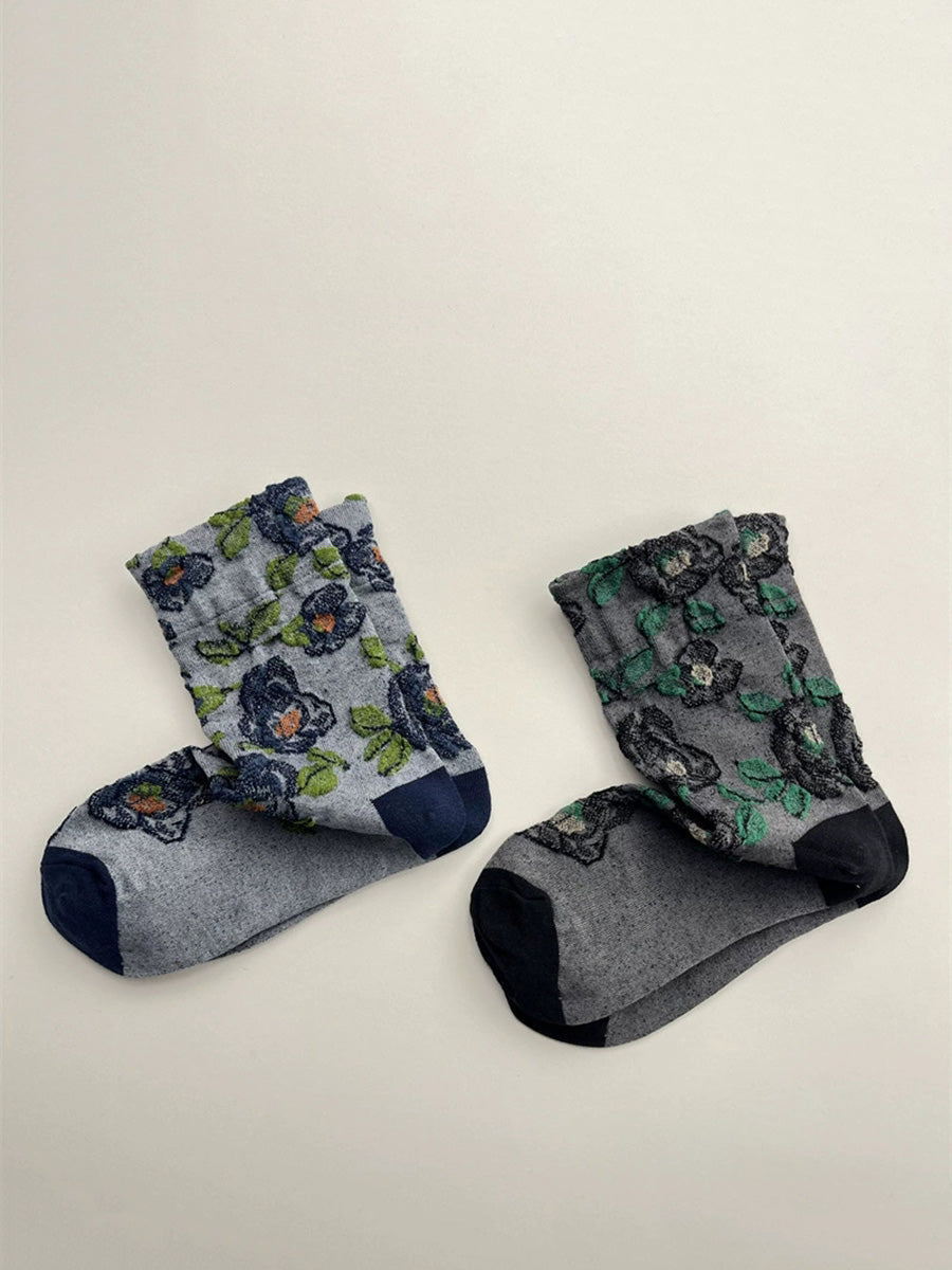 Autumn Socks Women 5 Artsy Flower Cotton Pairs Embossing