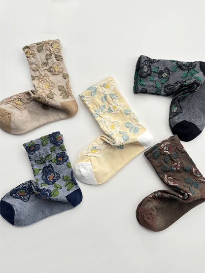 Autumn Socks Women 5 Artsy Flower Cotton Pairs Embossing
