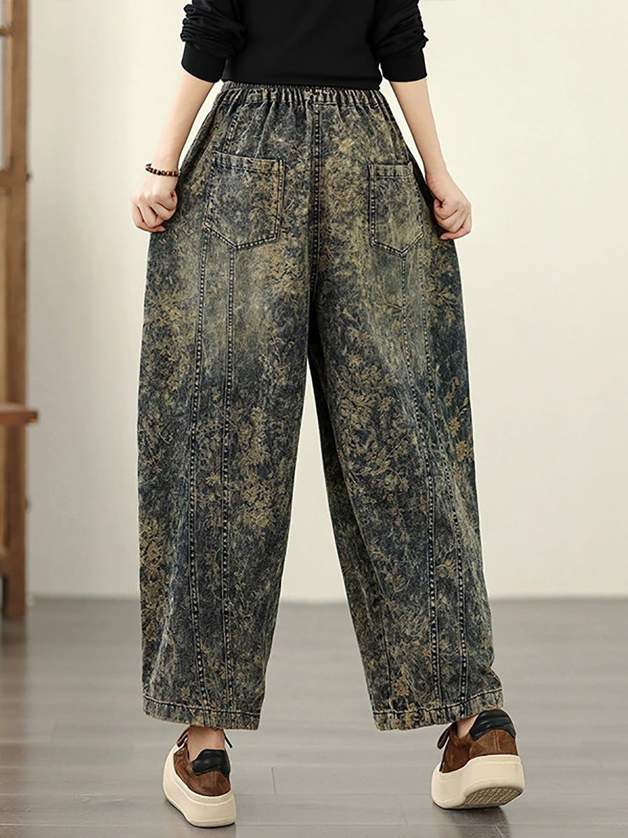 Autumn Flower Women Denim Harem Pants Retro