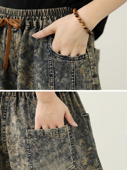 Autumn Flower Women Denim Harem Pants Retro