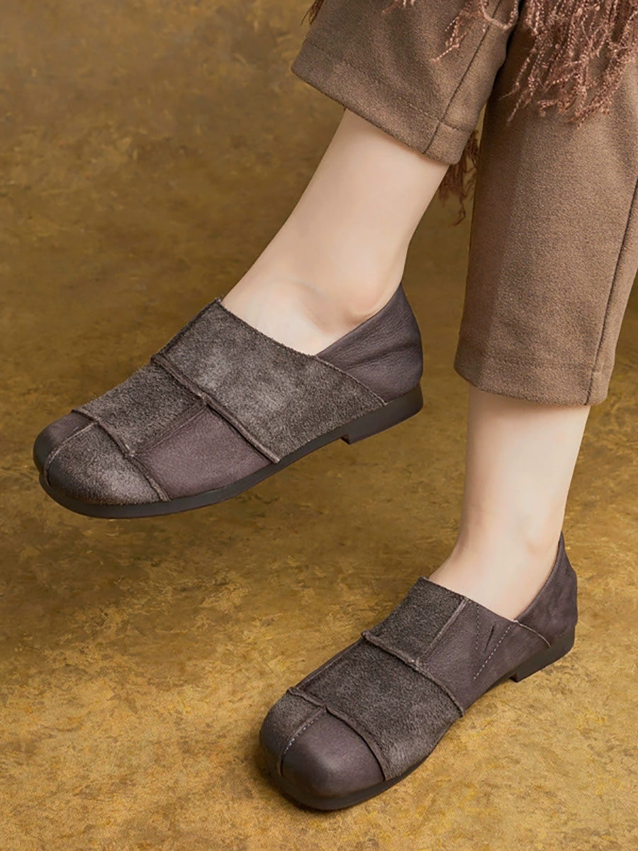 Flat Shoes Leather Vintage Women Autumn Spliced