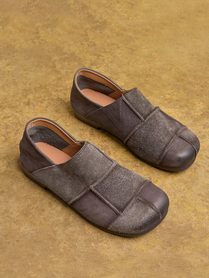Flat Shoes Leather Vintage Women Autumn Spliced