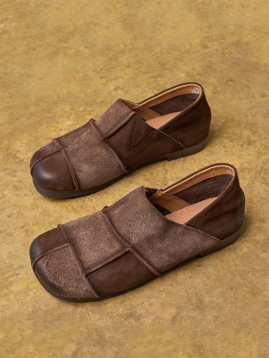 Flat Shoes Leather Vintage Women Autumn Spliced