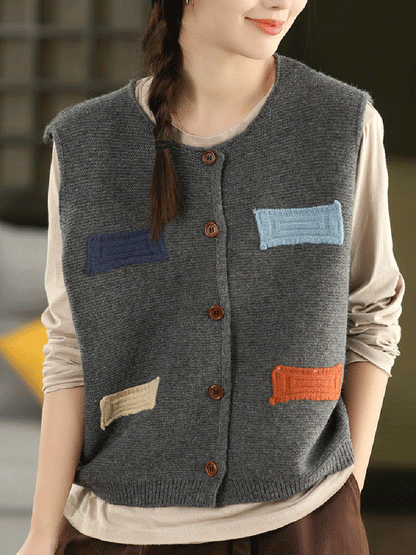 Vest O-Neck Knitted Patch Artsy 100%Cotton Women Autumn