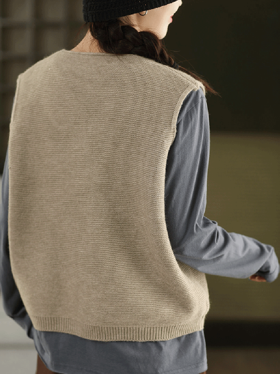 Vest O-Neck Knitted Patch Artsy 100%Cotton Women Autumn