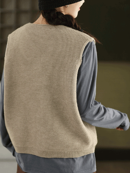 Vest O-Neck Knitted Patch Artsy 100%Cotton Women Autumn