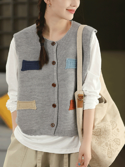 Vest O-Neck Knitted Patch Artsy 100%Cotton Women Autumn