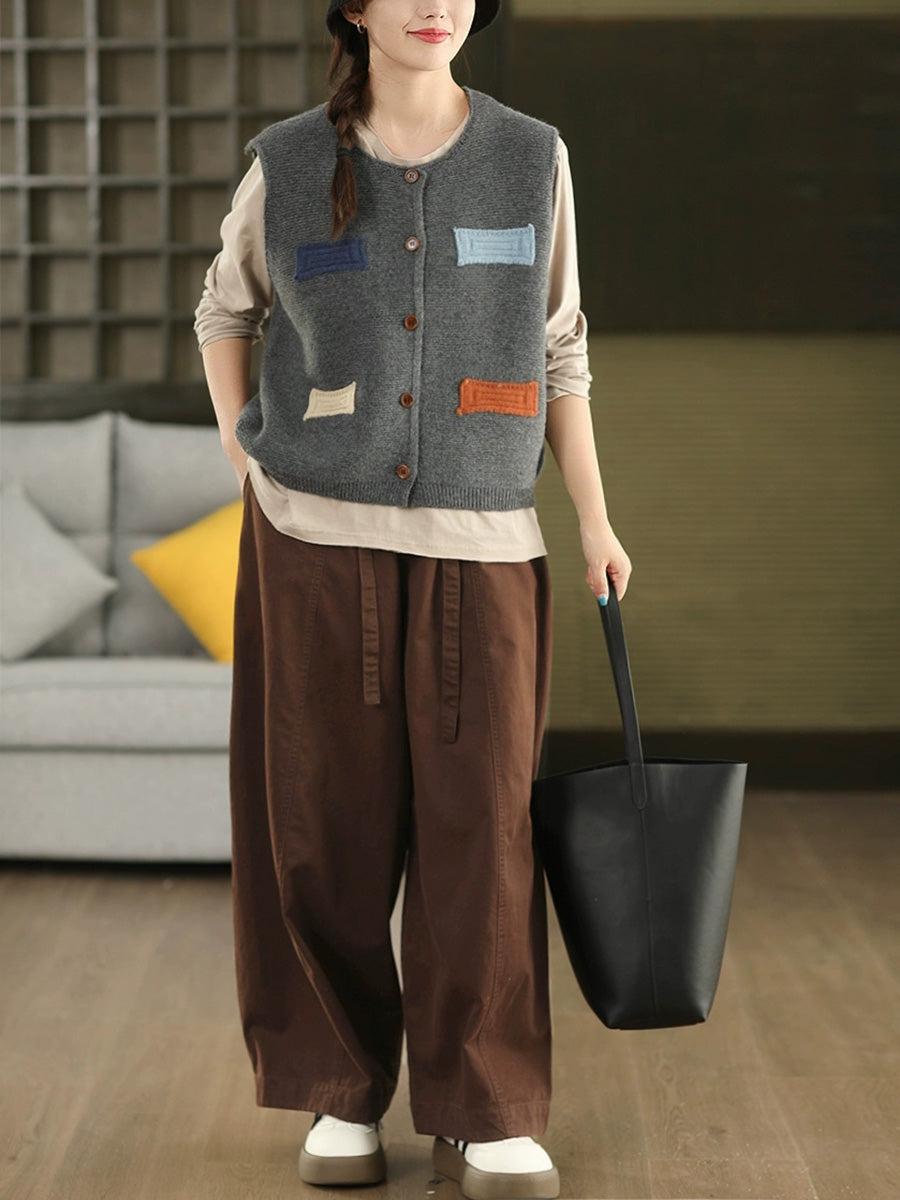 Vest O-Neck Knitted Patch Artsy 100%Cotton Women Autumn