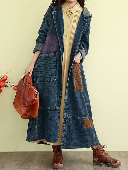 Denim Autumn Long Colorblock Hooded Coat Women