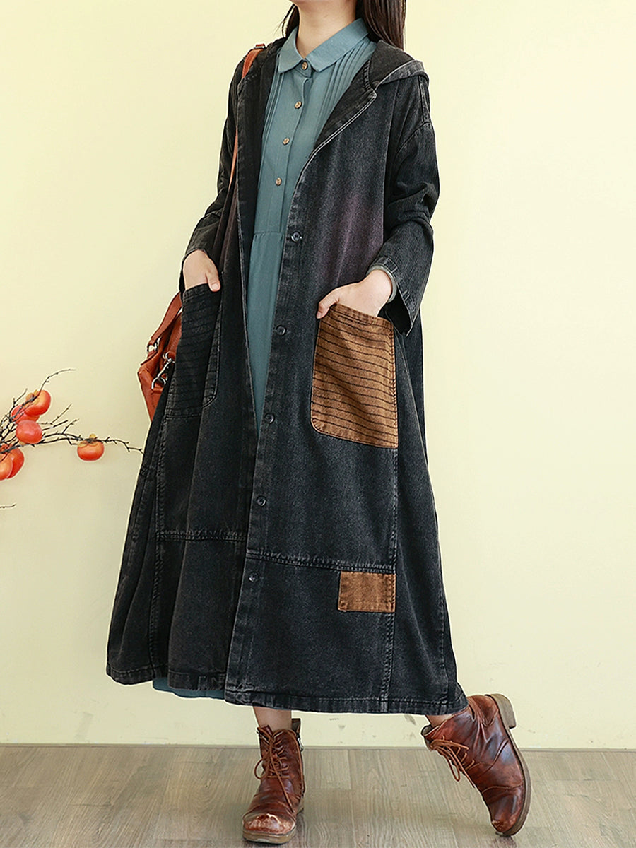 Denim Autumn Long Colorblock Hooded Coat Women
