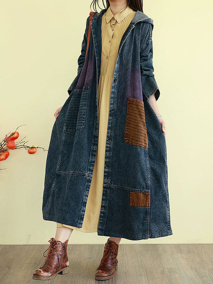 Denim Autumn Long Colorblock Hooded Coat Women