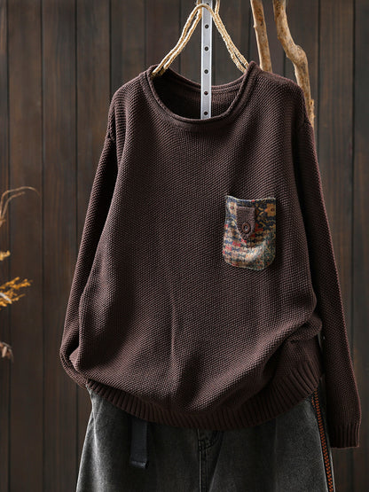 Artsy Sweater Women O-Neck Pocket Patch Knitted Autumn