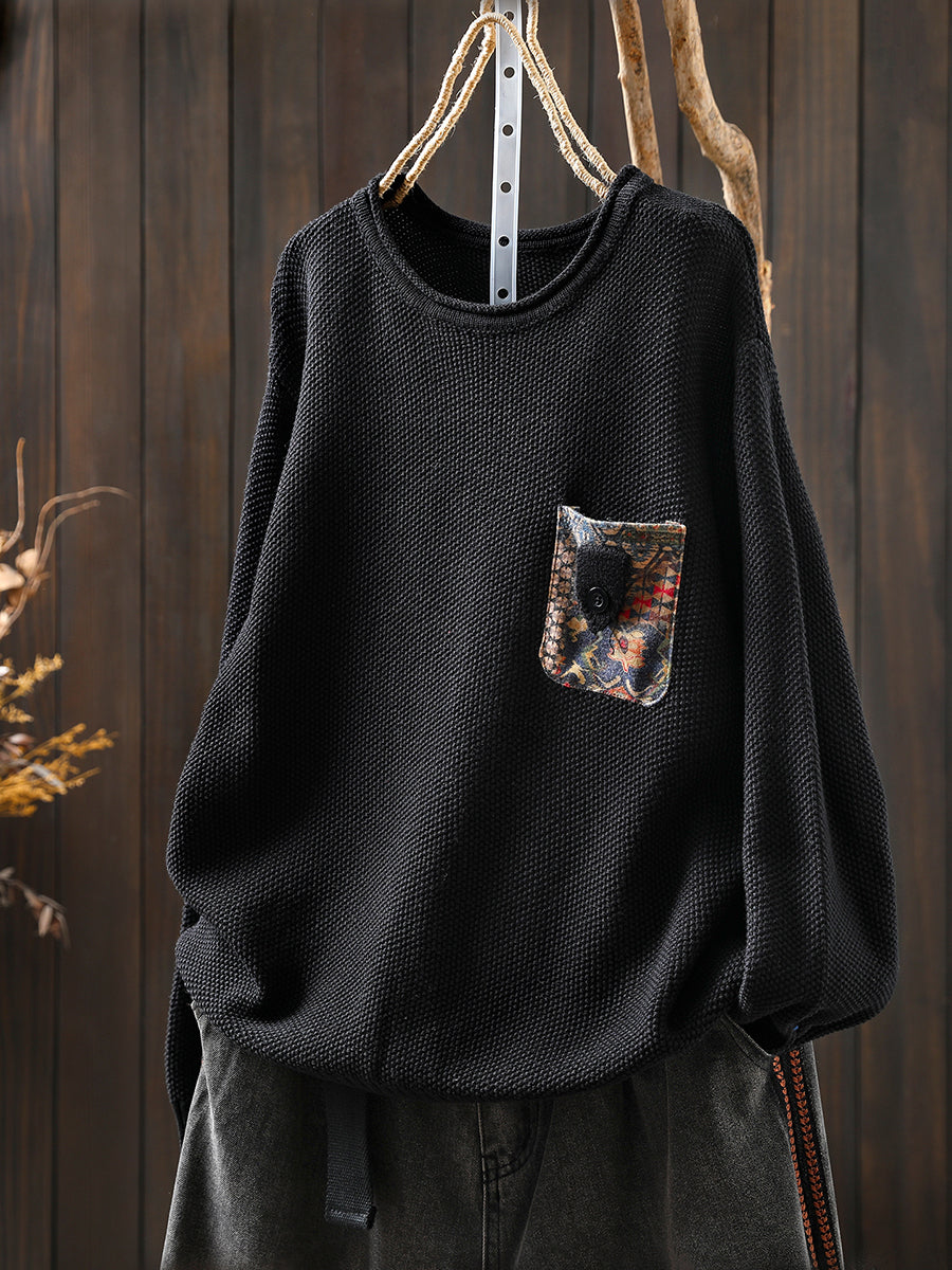 Artsy Sweater Women O-Neck Pocket Patch Knitted Autumn