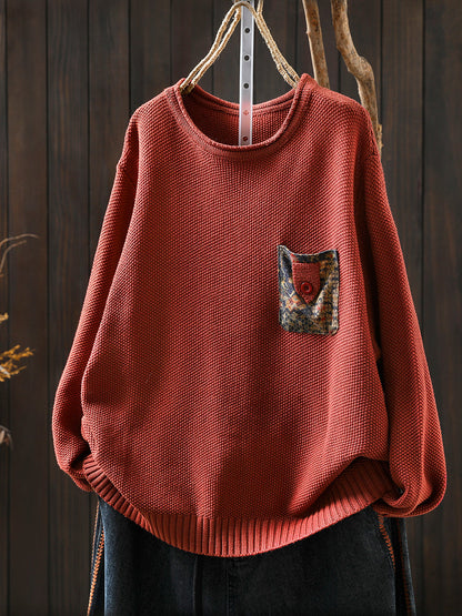Artsy Sweater Women O-Neck Pocket Patch Knitted Autumn