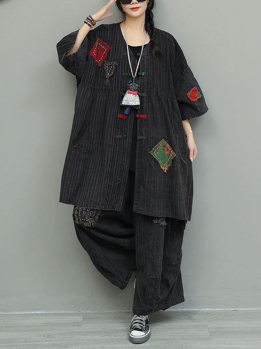 Vintage Patchwork Stripe Suits Autumn Women Loose