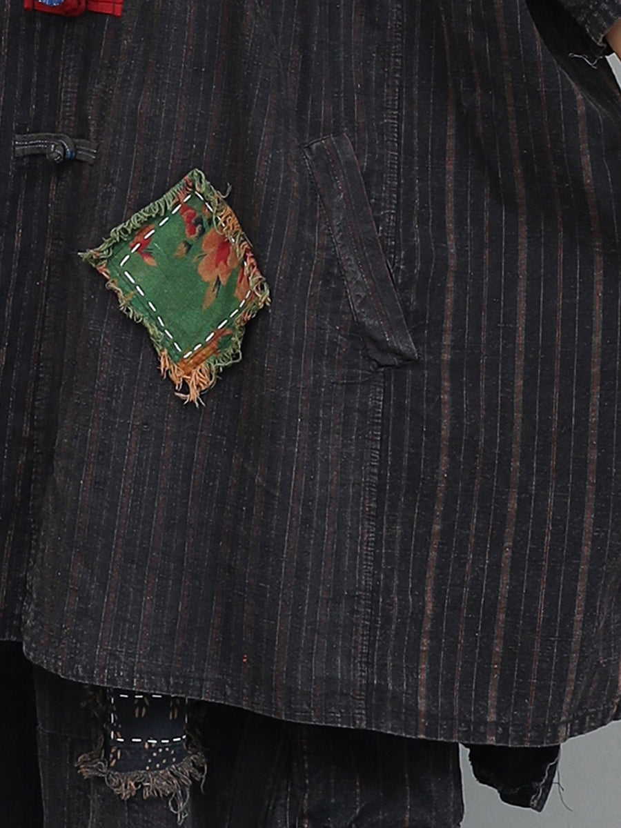 Vintage Patchwork Stripe Suits Autumn Women Loose