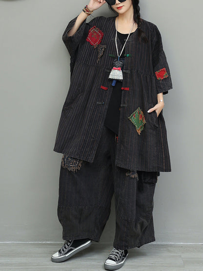 Vintage Patchwork Stripe Suits Autumn Women Loose