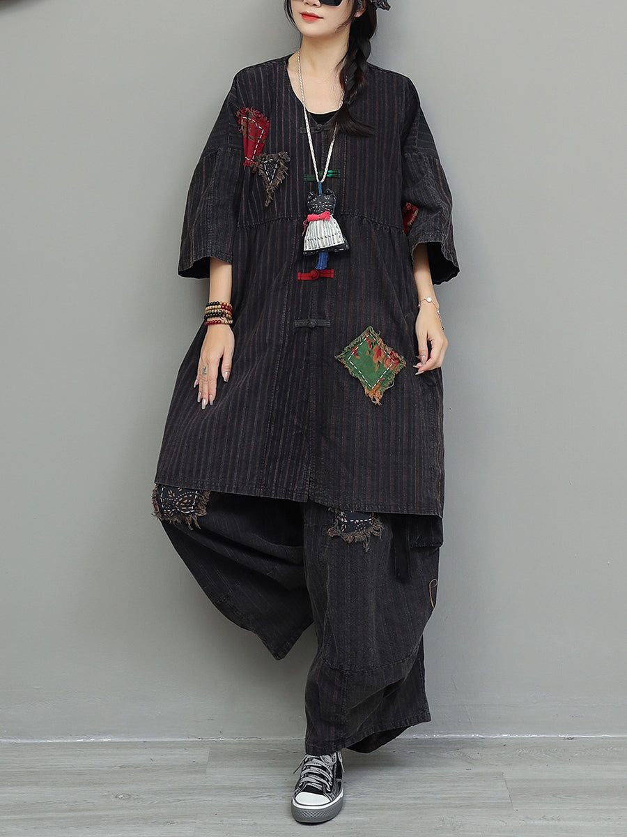 Vintage Patchwork Stripe Suits Autumn Women Loose